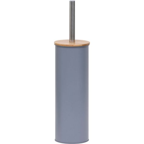 Brosse WC métal gris et couvercle bambou 13.5x40.5cm