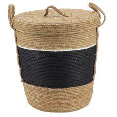 Panier à linge avec couvercle rotin naturel et noir H 43cm