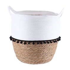 Panier déco pompons bi-matière blanc H 38cm