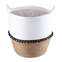 Panier déco pompons bi-matière blanc H 43cm