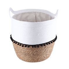 Panier déco pompons bi-matière blanc H 48cm