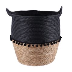 Panier déco pompons bi-matière noir H 38cm
