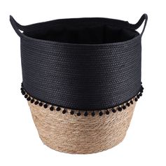 Panier déco pompons bi-matière noir H 43cm