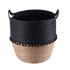 Panier déco pompons bi-matière noir H 48cm
