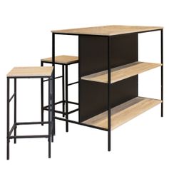 Table îlot et 2 tabourets noir et bois clair 100x96x60cm