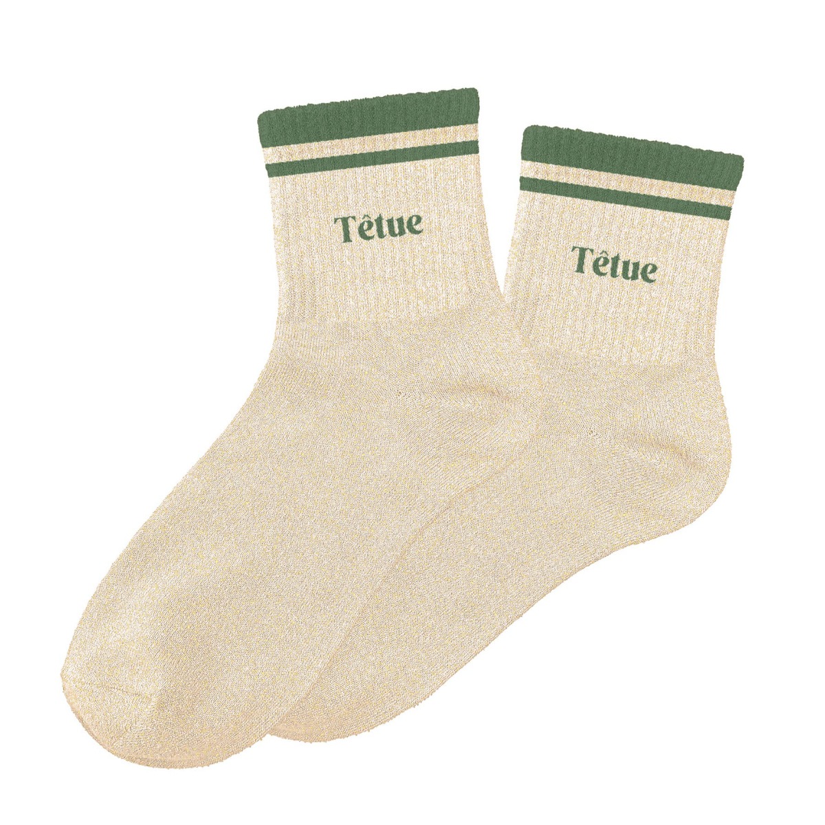 Chaussettes paillettes rayées têtue beige et vert 36-42