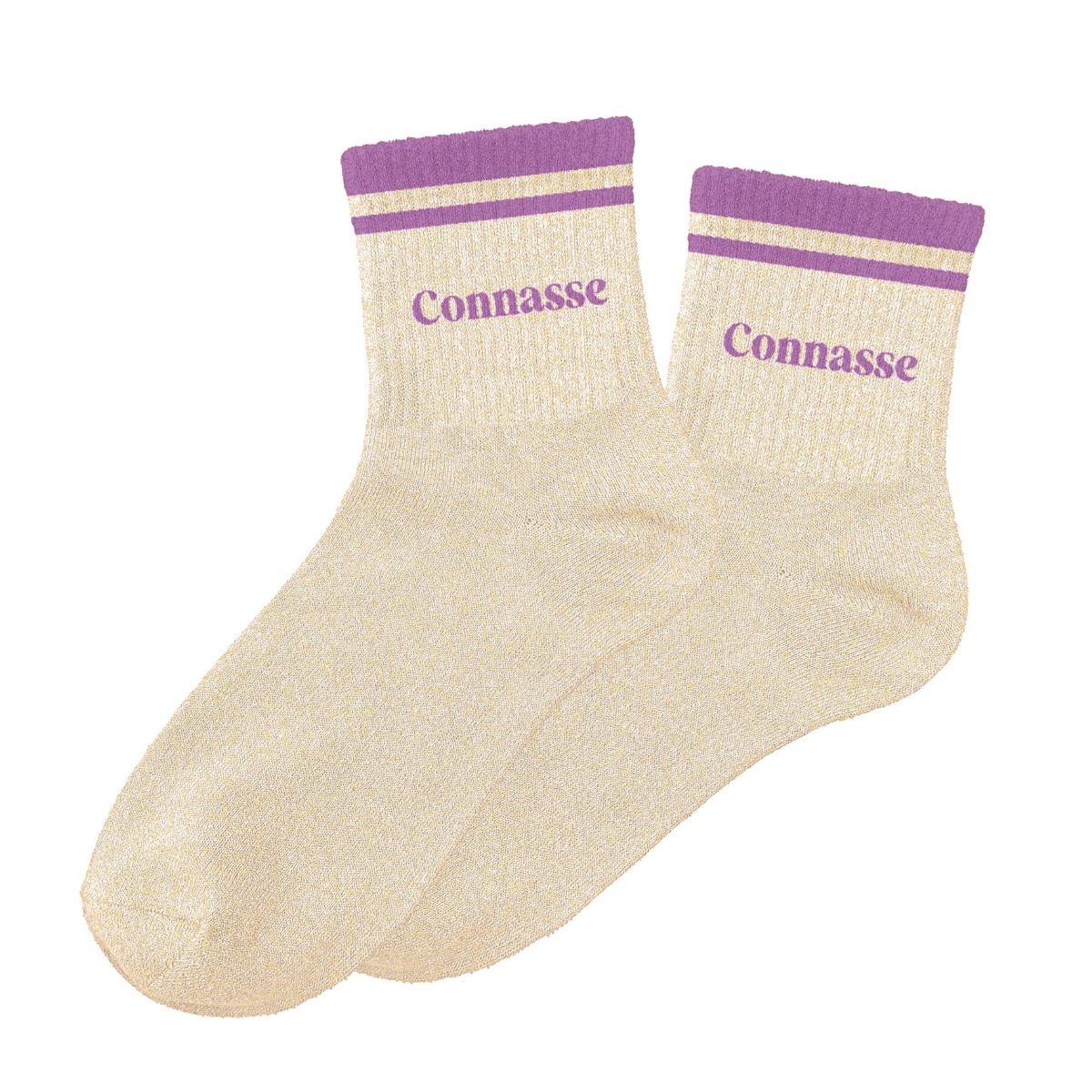 Chaussettes paillettes rayées connasse beige et violet 36-42