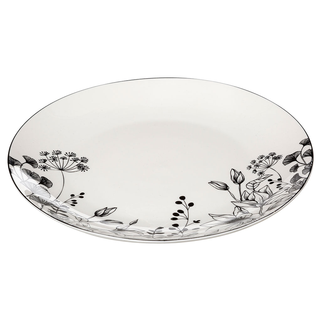 Assiette plate WHITE FLORAL en porcelaine blanche à motif floral noir D 27cm