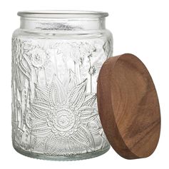 Bocal verre et couvercle acacia motifs en relief 70cl