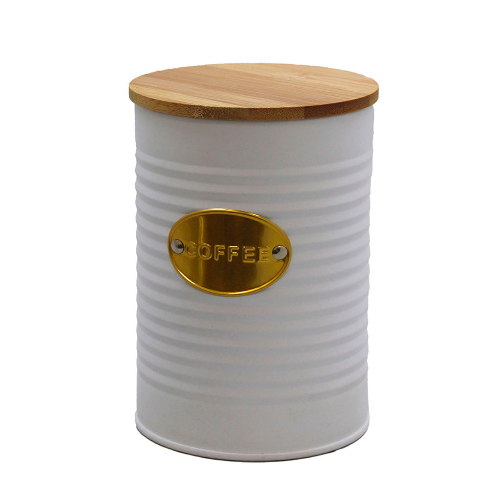 Boite à café métal et couvercle bambou blanc D 10x14cm - Centrakor