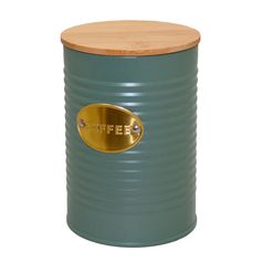 Boite à café métal et couvercle bambou vert D 10x14cm