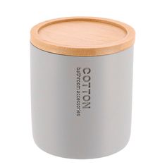 Boîte à coton polyrésine gris et couvercle bambou D 9.5cm