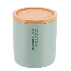 Boîte à coton polyrésine vert et couvercle bambou D 9.5cm