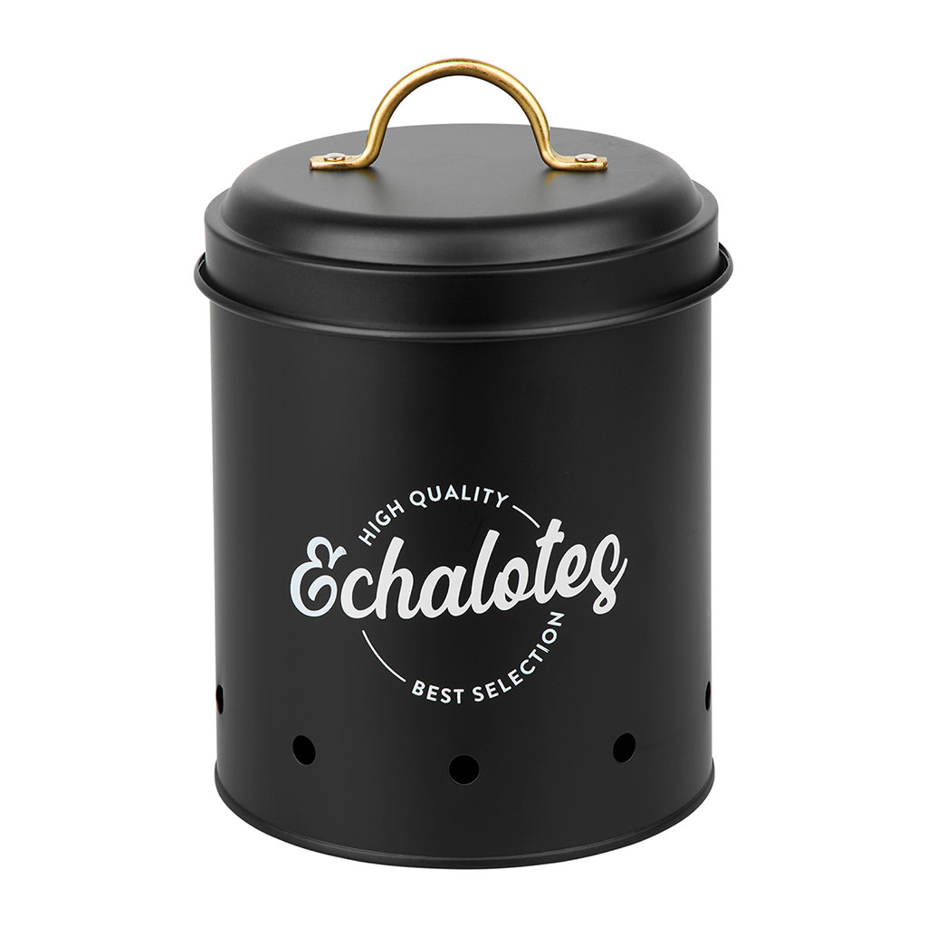 Boîte à échalotes ronde ORNELLA et trous d'aération métal noir et doré 14x19cm