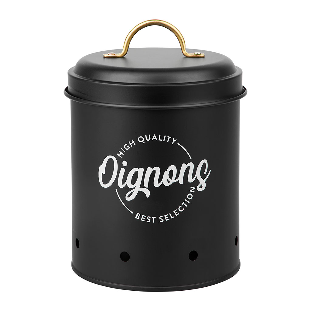 Boîte à oignons ORNELLA et trous d'aération métal noir et doré 14x19cm