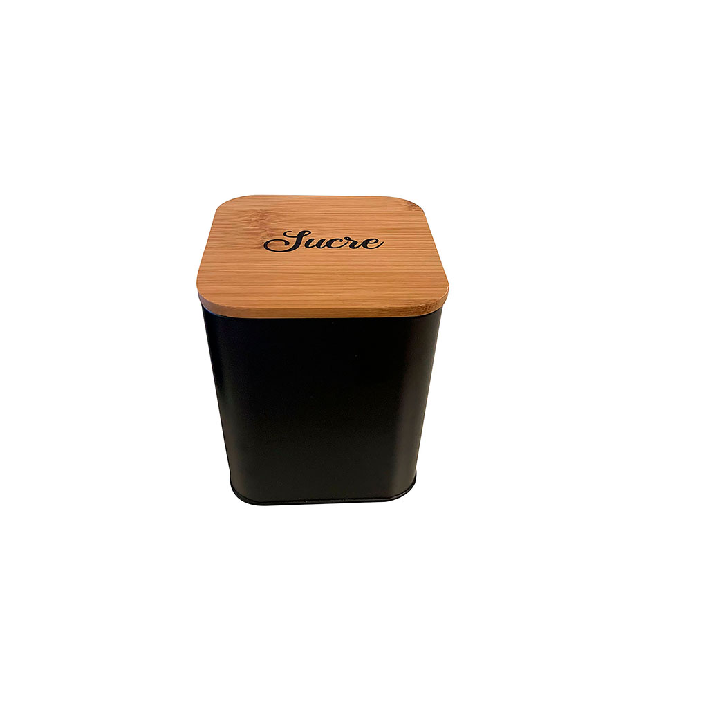 Boîte à sucre carrée métal noir et bambou 14x11.5x11.5cm - Centrakor