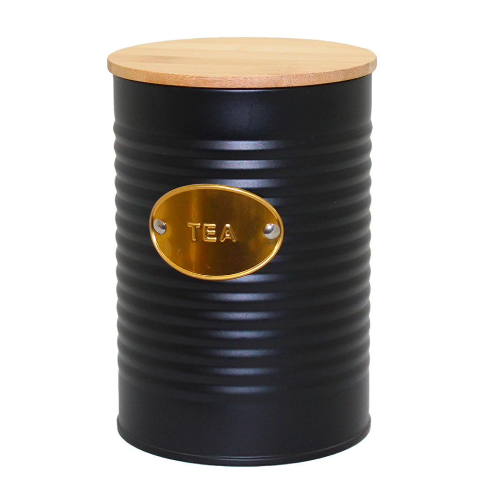 Boite à thé métal et couvercle bambou noir D 10x14cm - Centrakor