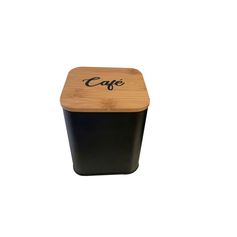 Boîte à café carrée métal et bambou noir 14x11.5x11.5cm