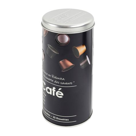 Boîte de rangement dosette café métal style épicerie fine relief D 8x18cm -  Centrakor
