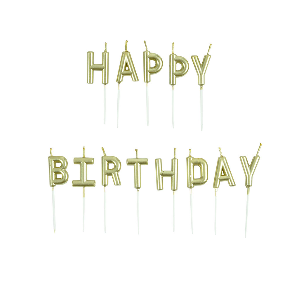 Lot de 13 bougies lettres happy birthday dorées