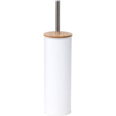 Brosse WC métal blanc et couvercle bambou 13.5x40.5cm