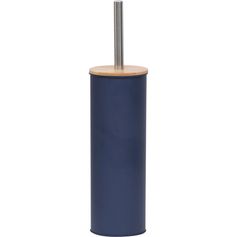 Brosse WC métal bleu et couvercle bambou 13.5x40.5cm