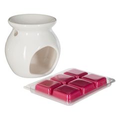 Brûle-parfum blanc en grès et carrés de cire parfumée framboise 30g