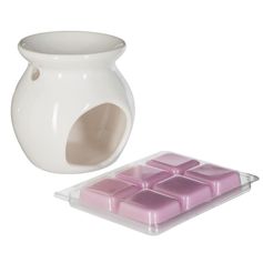 Brûle-parfum blanc en grès et carrés de cire parfumée rose 30g