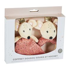Coffret doudou et hochet souris 26x26cm