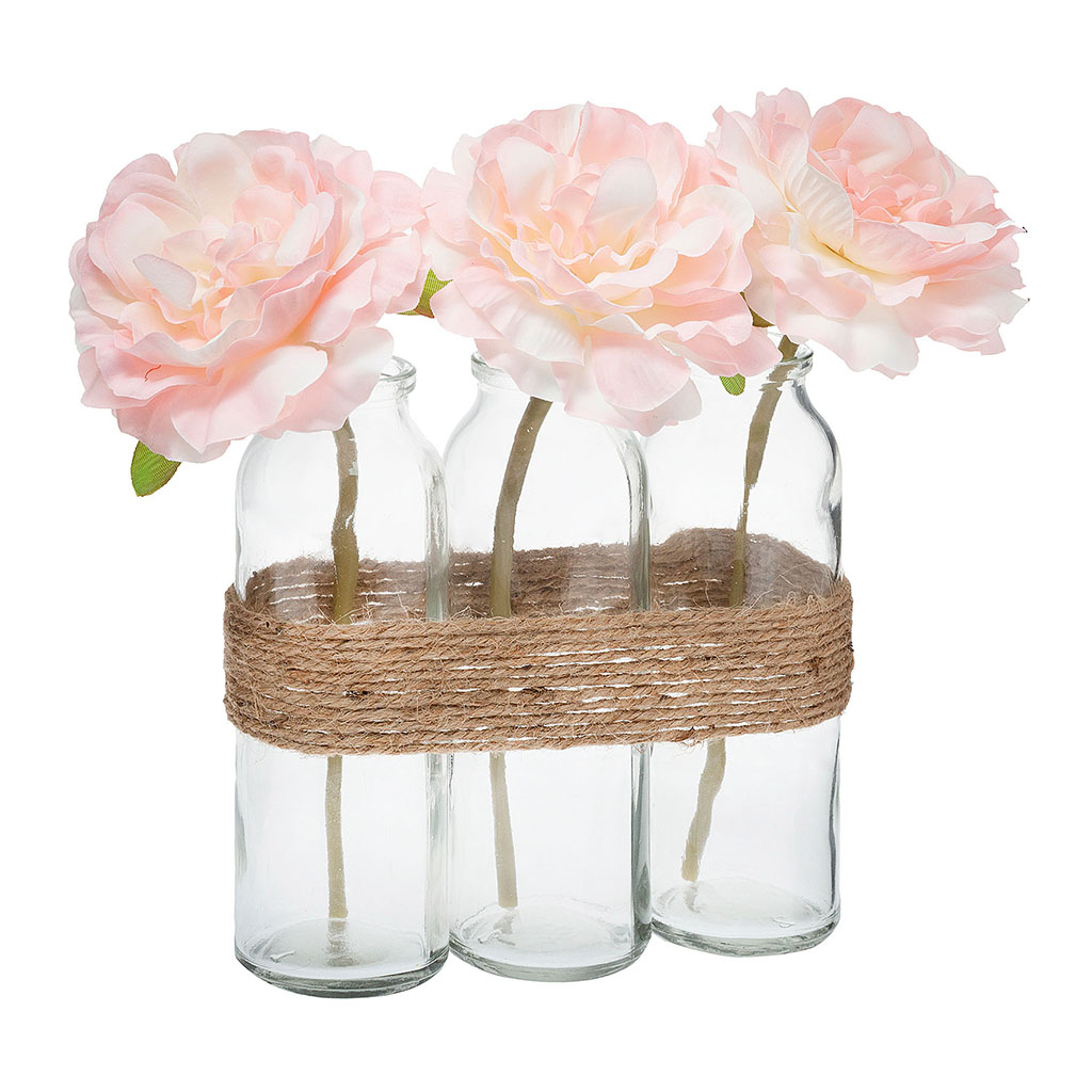 Composition 3 vases bouteille et fleurs artificielles rose H 23cm -  Centrakor