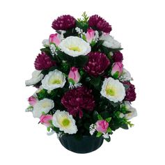 Composition de roses chrysanthèmes et pavot 50 têtes tergal 28x62cm