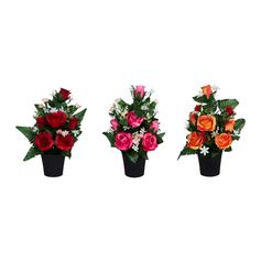 Composition de roses fleurettes et eucalyptus 6 têtes polyester 22x35cm