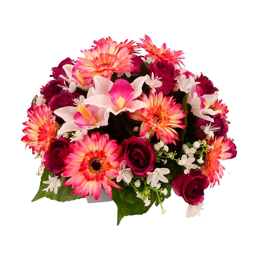 Composition de roses gerberas et orchidées 29 têtes tergal 40x31cm