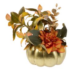 Composition fleurs artificielles et pot citrouille or 20x12x12cm