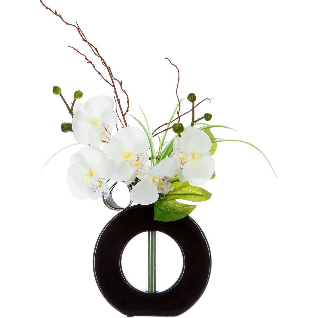 Composition florale orchidées vase céramique 36x16xH 44cm