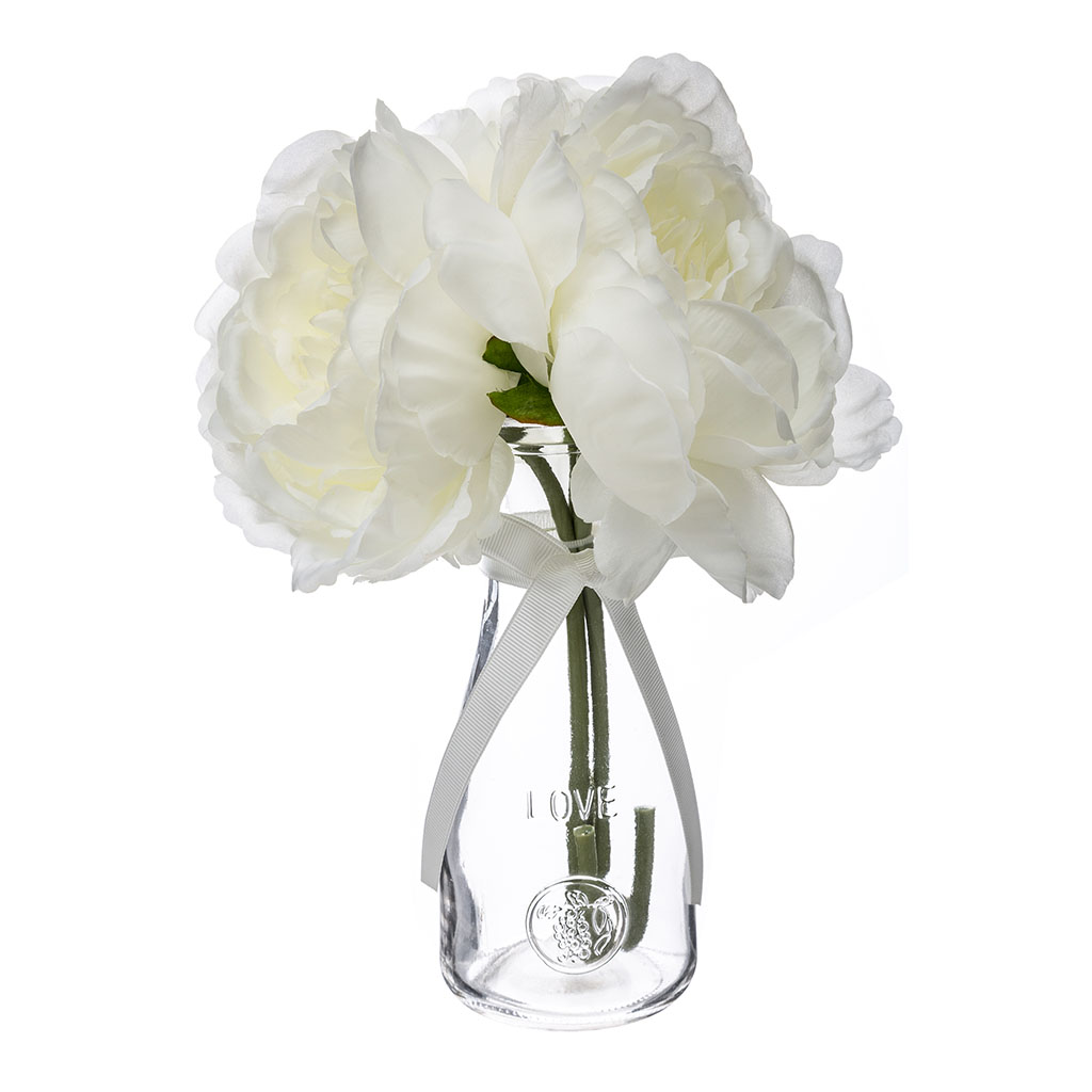 Composition vase verre et 3 pivoines blancs H 25cm Centrakor