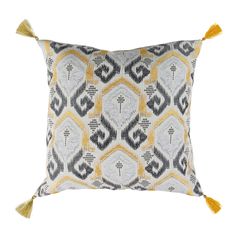 Coussin déco polyester ethnique et pompons moutarde 45x45cm