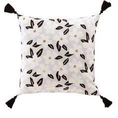 Coussin déhoussable DARCY à pompons et fleurs blanc 45x45cm