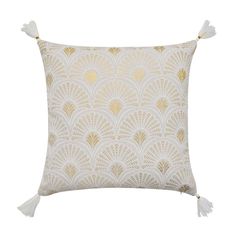 Coussin déhoussable LAYOA à pompons blanc et or 45x45cm