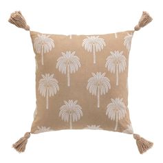 Coussin déhoussable OASIA à pompons et palmiers beige 45x45cm