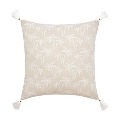 Coussin déhoussable SAHARIS à pompons et palmiers beige 45x45cm