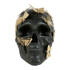 Crâne décoratif résine avec papillons dorés noir H 18cm