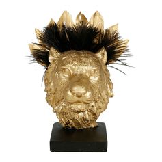 Décoration à poser tête de lion dorée et plumes noires sur socle en résine H 31cm