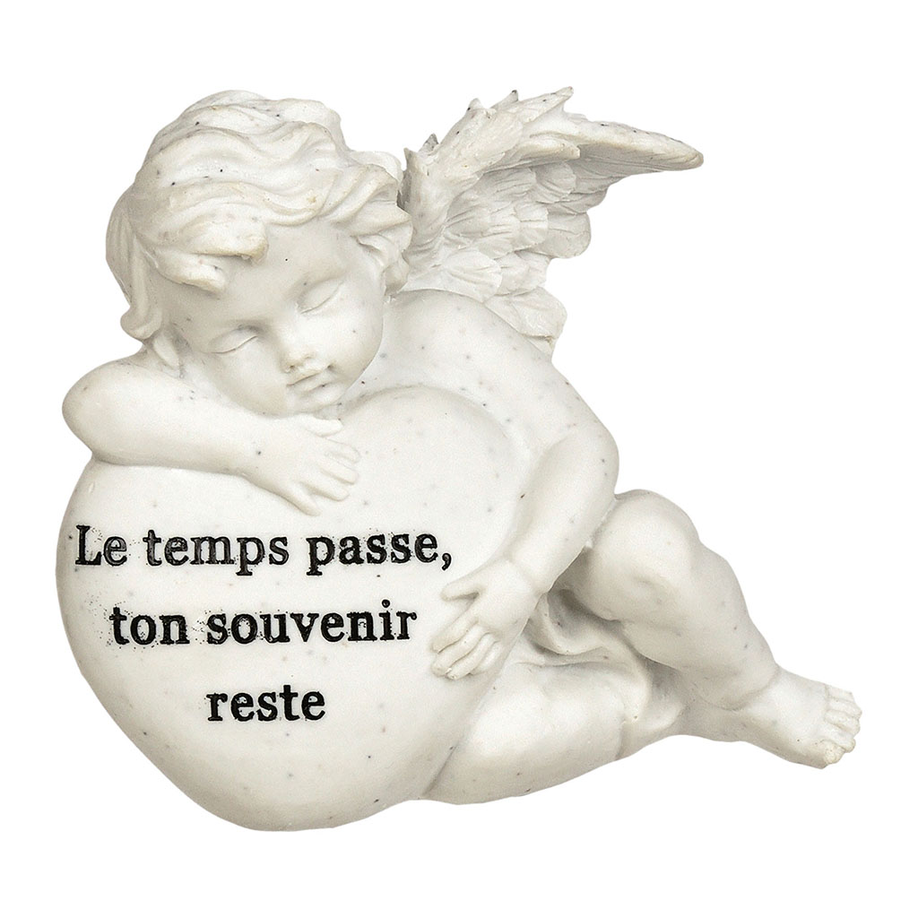 Décoration funéraire ange sur cœur résine blanc 12x13cm