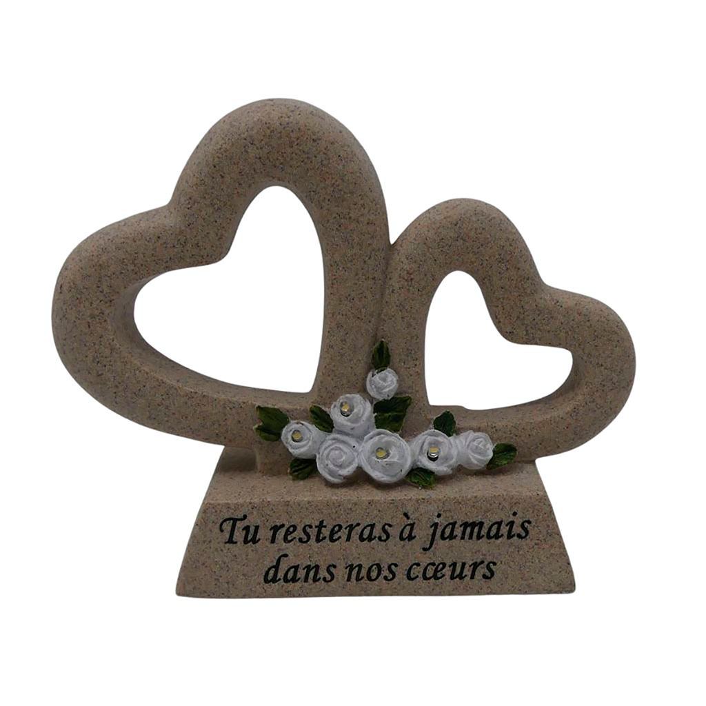 Décoration funéraire cœur avec fleurs solaire LED résine 20x16x7.5cm