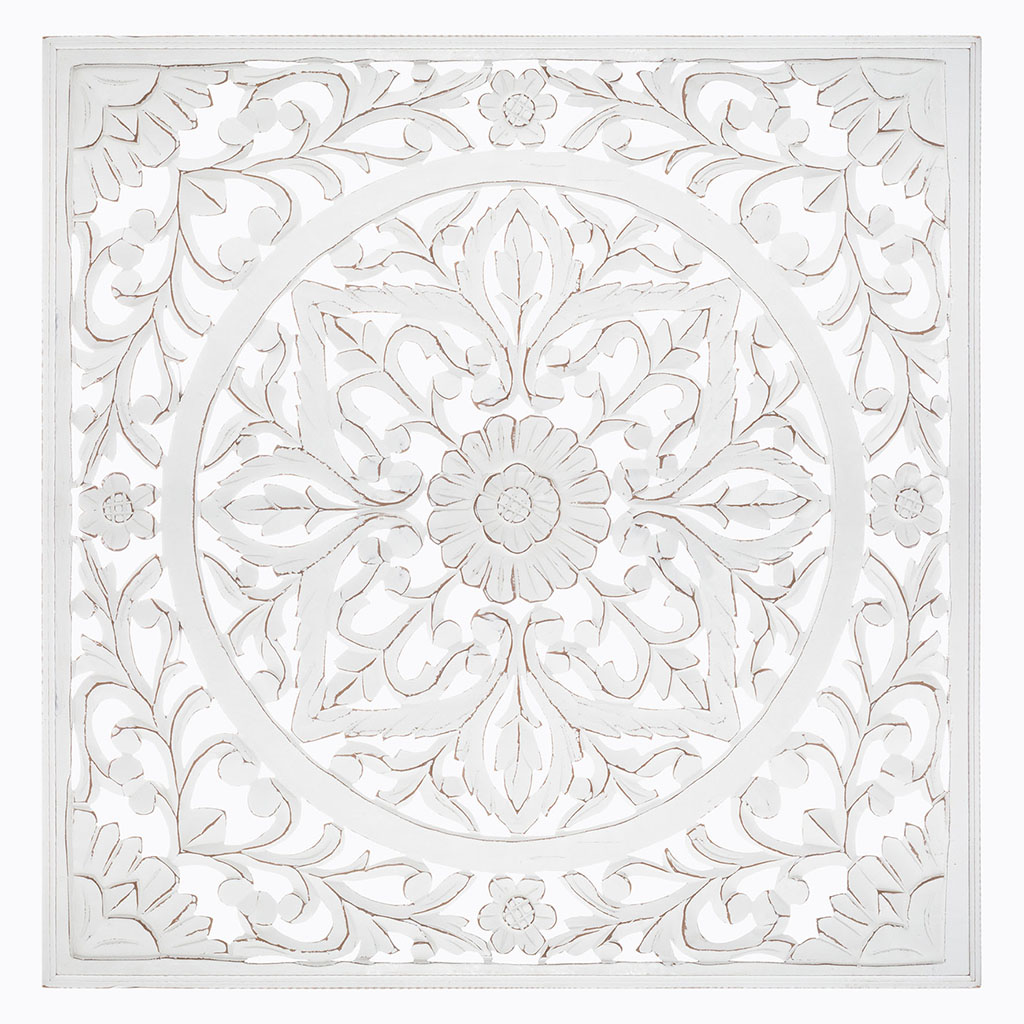 Décoration murale bois sculpté blanc 90x90cm