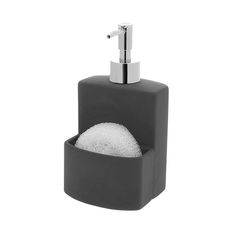 Distributeur de savon et porte éponge céramique gris 10x19x10cm