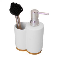 Distributeur de savon céramique et bambou blanc 11.5x18.5x6.4cm