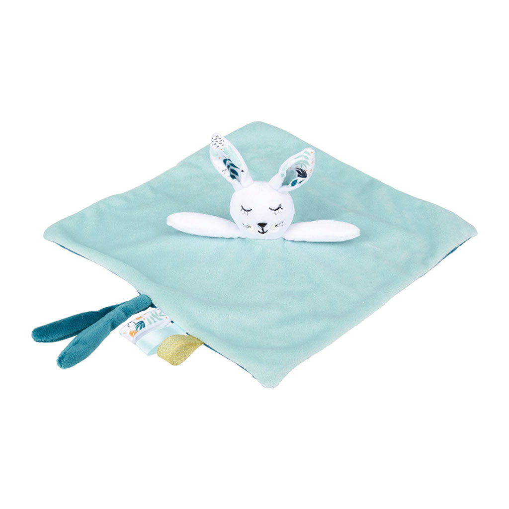 Doudou carré bleu turquoise lapin enfant 23x9x23cm - Centrakor