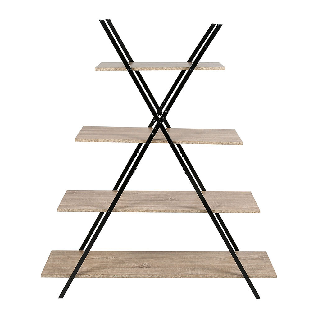 Étagère 4 niveaux croisée métal noir et bois naturel 140x115cm